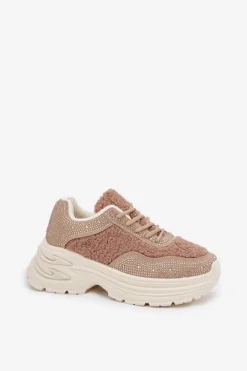 Boto Buty Sportowe Na Platformie|Sneakersy Damskie*Sneakersy Damskie Z Cyrkoniami I Futerkiem Typu Baranek Beżowe Zarika Beżowy