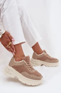Boto Buty Sportowe Na Platformie|Sneakersy Damskie*Sneakersy Damskie Z Cyrkoniami I Futerkiem Typu Baranek Beżowe Zarika Beżowy