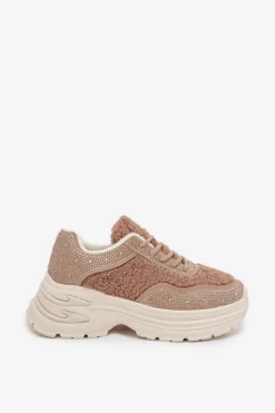 Boto Buty Sportowe Na Platformie|Sneakersy Damskie*Sneakersy Damskie Z Cyrkoniami I Futerkiem Typu Baranek Beżowe Zarika Beżowy
