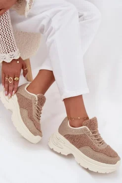 Boto Buty Sportowe Na Platformie|Sneakersy Damskie*Sneakersy Damskie Z Cyrkoniami I Futerkiem Typu Baranek Beżowe Zarika Beżowy
