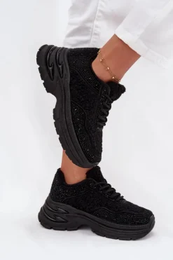 Damskie Boto Sneakersy Damskie Z Cyrkoniami I Futerkiem Typu Baranek Czarne Zarika