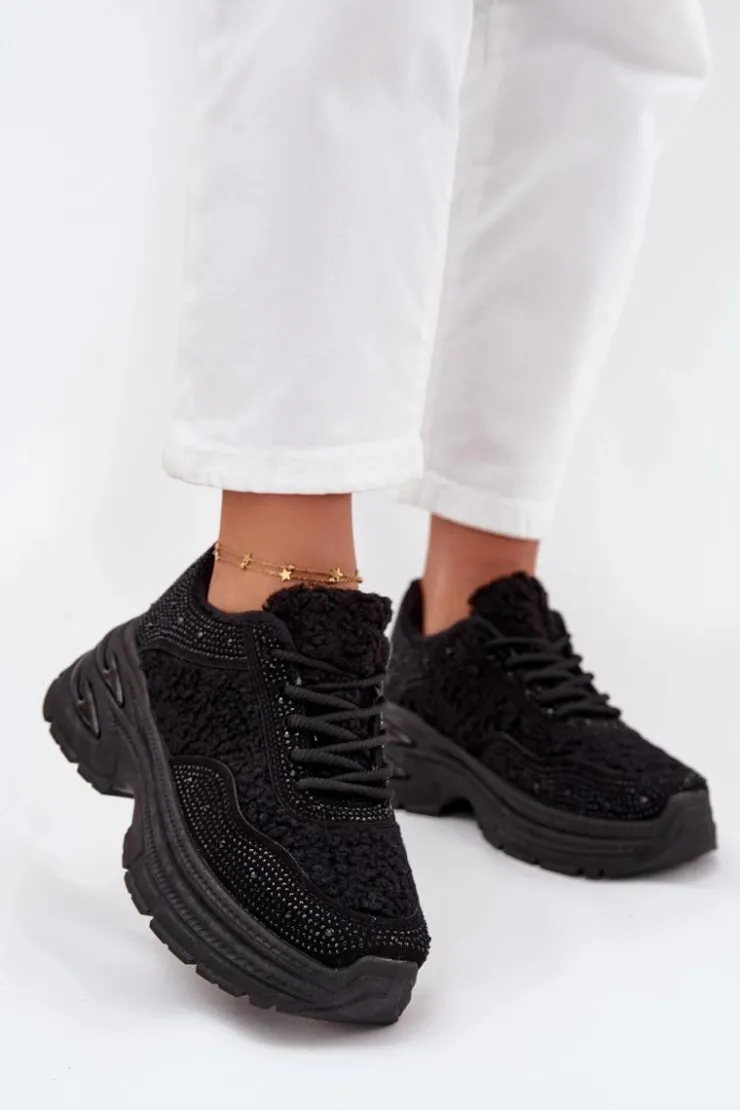 Damskie Boto Sneakersy Damskie Z Cyrkoniami I Futerkiem Typu Baranek Czarne Zarika