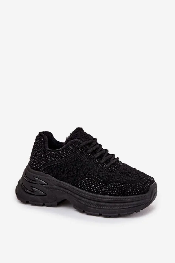Damskie Boto Sneakersy Damskie Z Cyrkoniami I Futerkiem Typu Baranek Czarne Zarika