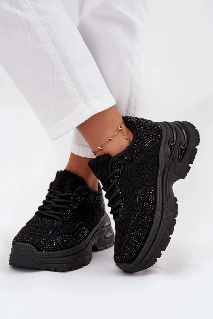 Damskie Boto Sneakersy Damskie Z Cyrkoniami I Futerkiem Typu Baranek Czarne Zarika