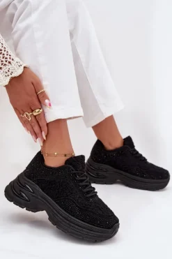 Damskie Boto Sneakersy Damskie Z Cyrkoniami I Futerkiem Typu Baranek Czarne Zarika