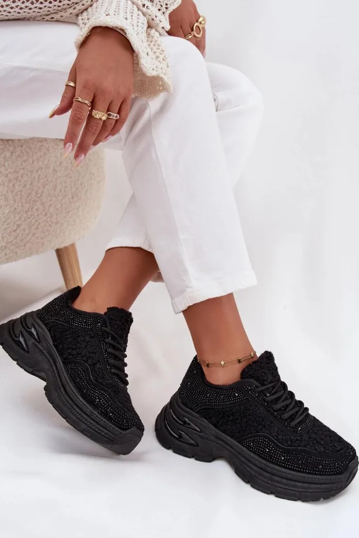 Damskie Boto Sneakersy Damskie Z Cyrkoniami I Futerkiem Typu Baranek Czarne Zarika