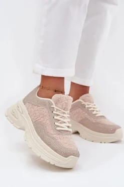 Online Boto Sneakersy Damskie Z Cyrkoniami I Futerkiem Typu Baranek Jasnobeżowe Zarika Beżowy