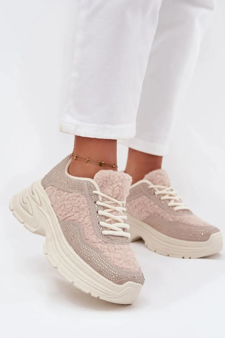 Online Boto Sneakersy Damskie Z Cyrkoniami I Futerkiem Typu Baranek Jasnobeżowe Zarika Beżowy