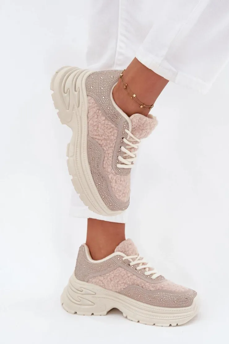 Online Boto Sneakersy Damskie Z Cyrkoniami I Futerkiem Typu Baranek Jasnobeżowe Zarika Beżowy