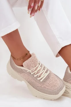 Online Boto Sneakersy Damskie Z Cyrkoniami I Futerkiem Typu Baranek Jasnobeżowe Zarika Beżowy
