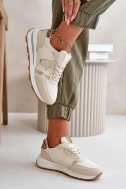 Damskie Boto Sneakersy Damskie Z Eko Skóry Beżowe Velaniela