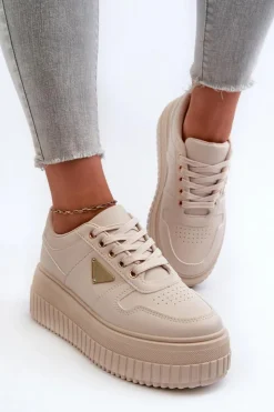 Damskie Boto Sneakersy Damskie Z Eko Skóry Na Masywnej Platformie Jasnobeżowe Chrisstin