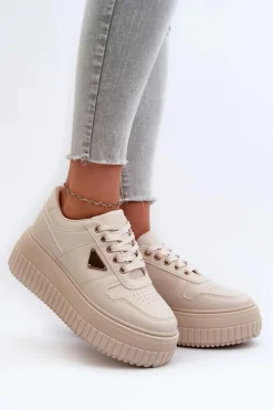 Damskie Boto Sneakersy Damskie Z Eko Skóry Na Masywnej Platformie Jasnobeżowe Chrisstin