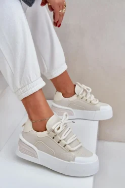 Boto Sneakersy Damskie Z Grubymi Sznurówkami Na Platformie Beżowe Laloma