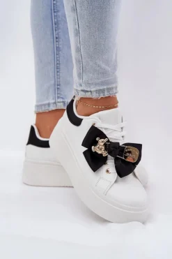 Damskie Boto Sneakersy Damskie Z Kokardką I Broszką Z Misiem Biało-Czarne Leathria