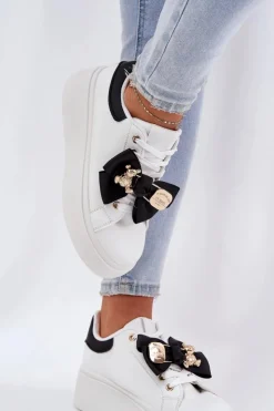 Damskie Boto Sneakersy Damskie Z Kokardką I Broszką Z Misiem Biało-Czarne Leathria