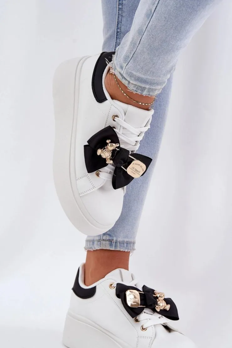 Damskie Boto Sneakersy Damskie Z Kokardką I Broszką Z Misiem Biało-Czarne Leathria