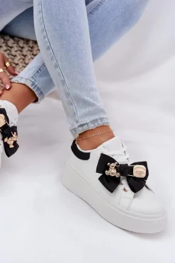 Damskie Boto Sneakersy Damskie Z Kokardką I Broszką Z Misiem Biało-Czarne Leathria