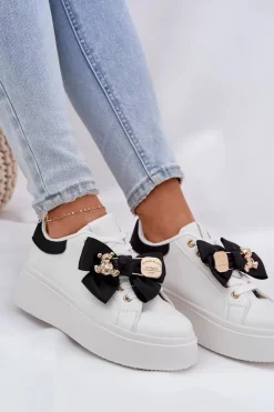 Damskie Boto Sneakersy Damskie Z Kokardką I Broszką Z Misiem Biało-Czarne Leathria