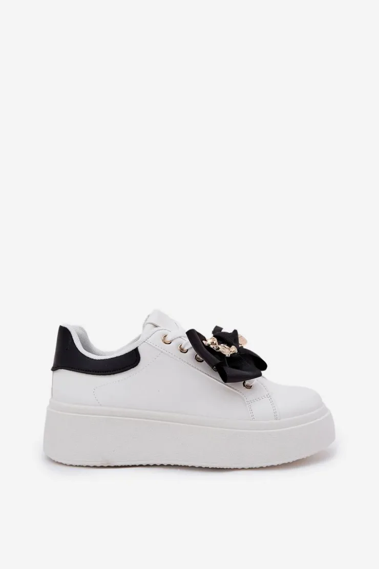 Damskie Boto Sneakersy Damskie Z Kokardką I Broszką Z Misiem Biało-Czarne Leathria