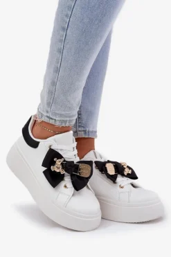 Damskie Boto Sneakersy Damskie Z Kokardką I Broszką Z Misiem Biało-Czarne Leathria