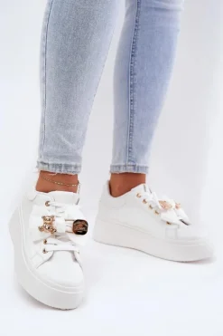 Boto Buty Sportowe Na Platformie|Sneakersy Damskie*Sneakersy Damskie Z Kokardką I Broszką Z Misiem Białe Leathria