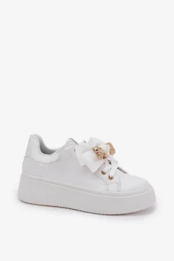 Boto Buty Sportowe Na Platformie|Sneakersy Damskie*Sneakersy Damskie Z Kokardką I Broszką Z Misiem Białe Leathria