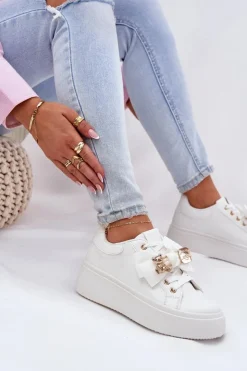 Boto Buty Sportowe Na Platformie|Sneakersy Damskie*Sneakersy Damskie Z Kokardką I Broszką Z Misiem Białe Leathria