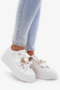 Boto Buty Sportowe Na Platformie|Sneakersy Damskie*Sneakersy Damskie Z Kokardką I Broszką Z Misiem Białe Leathria
