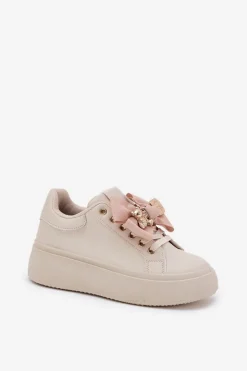 Sale Boto Sneakersy Damskie Z Kokardką I Broszką Z Misiem Beżowe Leathria