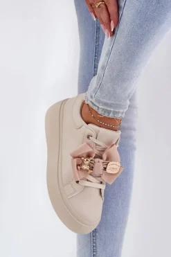 Sale Boto Sneakersy Damskie Z Kokardką I Broszką Z Misiem Beżowe Leathria