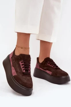Zazoo Buty Sportowe Na Platformie|Sneakersy Damskie*Sneakersy Damskie Z Naturalnego Zamszu Na Platformie N1265S3 Czekoladowe