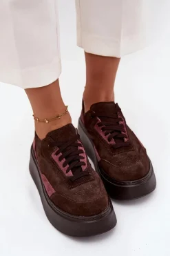 Zazoo Buty Sportowe Na Platformie|Sneakersy Damskie*Sneakersy Damskie Z Naturalnego Zamszu Na Platformie N1265S3 Czekoladowe