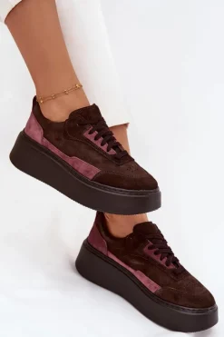 Zazoo Buty Sportowe Na Platformie|Sneakersy Damskie*Sneakersy Damskie Z Naturalnego Zamszu Na Platformie N1265S3 Czekoladowe