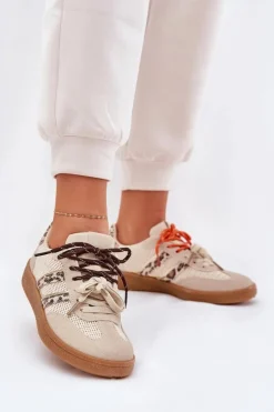 Boto Sneakersy Damskie*Sneakersy Damskie Z Podwójnym Sznurowaniem Panterka Beżowe Ollabes