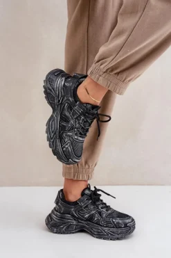 Boto Sneakersy Damskie*Sneakersy Damskie Z Przetarciami Na Platformie Czarne Seladwen Czarny