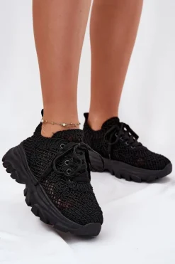 Damskie Boto Sneakersy Damskie Z Szydełkową Cholewką Czarne Jelhiris