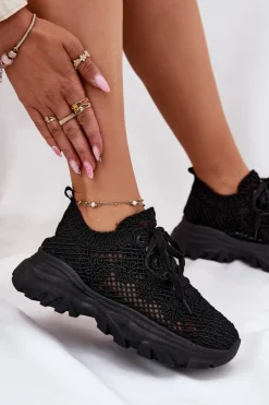 Damskie Boto Sneakersy Damskie Z Szydełkową Cholewką Czarne Jelhiris