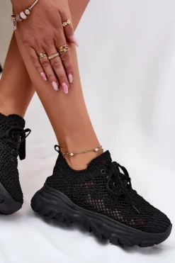 Damskie Boto Sneakersy Damskie Z Szydełkową Cholewką Czarne Jelhiris