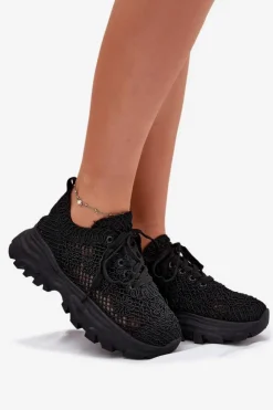 Damskie Boto Sneakersy Damskie Z Szydełkową Cholewką Czarne Jelhiris