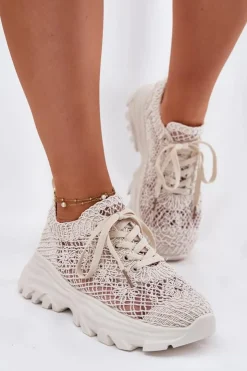 Boto Sneakersy Damskie*Sneakersy Damskie Z Szydełkową Cholewką Beżowe Jelhiris