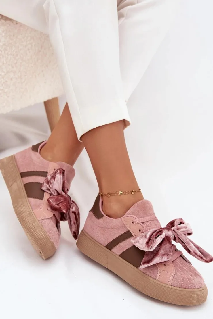 Hot Boto Sneakersy Damskie Z Welurową Kokardą Różowe Ashlyn Różowy