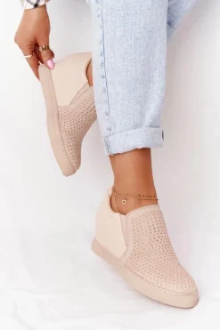Boto Sneakersy Damskie*Sneakersy Na Koturnie Z Cekinami Lu Boo Beżowe