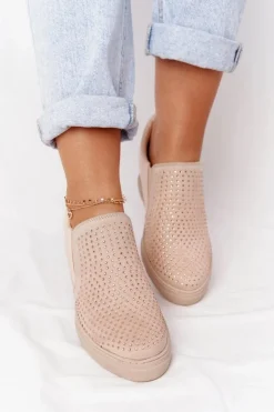 Boto Sneakersy Damskie*Sneakersy Na Koturnie Z Cekinami Lu Boo Beżowe