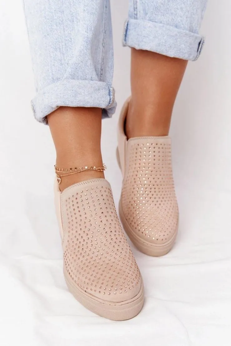 Boto Sneakersy Damskie*Sneakersy Na Koturnie Z Cekinami Lu Boo Beżowe