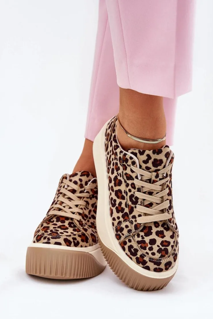 Damskie Boto Sneakersy Na Masywnej Platformie Panterka Brązowe Tirvanis