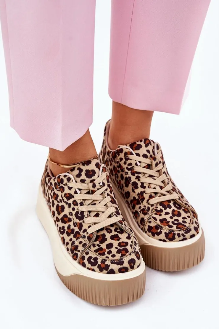 Damskie Boto Sneakersy Na Masywnej Platformie Panterka Brązowe Tirvanis