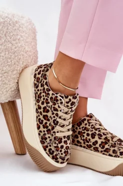 Damskie Boto Sneakersy Na Masywnej Platformie Panterka Brązowe Tirvanis