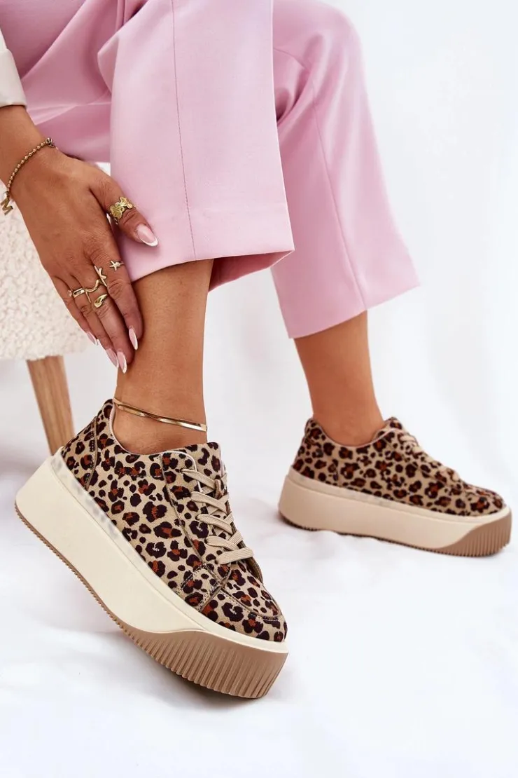 Damskie Boto Sneakersy Na Masywnej Platformie Panterka Brązowe Tirvanis