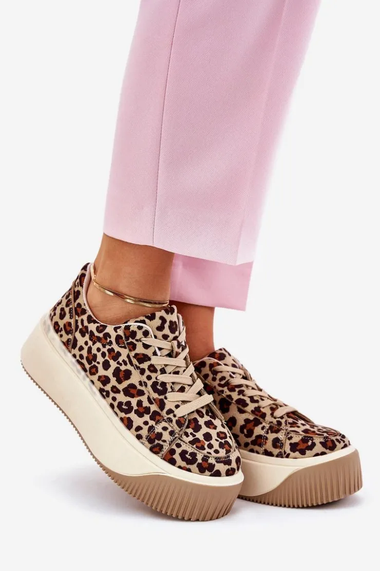 Damskie Boto Sneakersy Na Masywnej Platformie Panterka Brązowe Tirvanis